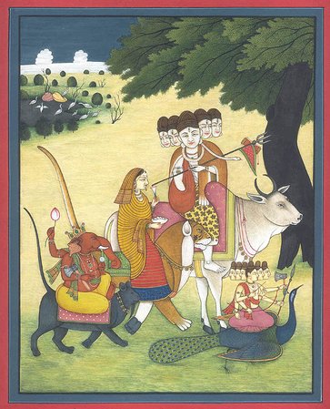 SHIVA AND FAMILI DESCENT OF KAILASH, Watercolor by Kaïlash Raj
